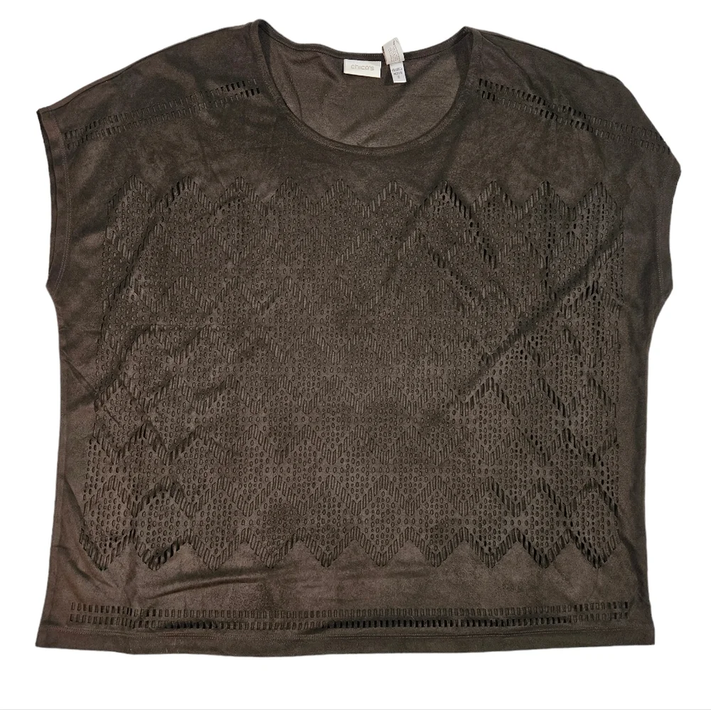 Chicos Chocolate Brown Ultra Suede Coquette Top Size 2 US 12 Large Sheer Blouse - Picture 6 of 12